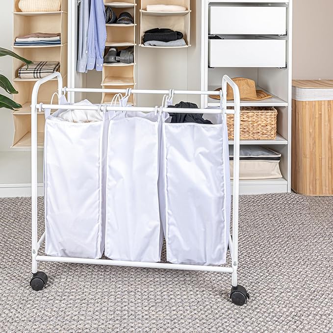 Household Essentials Rolling Triple Laundry Sorter, White