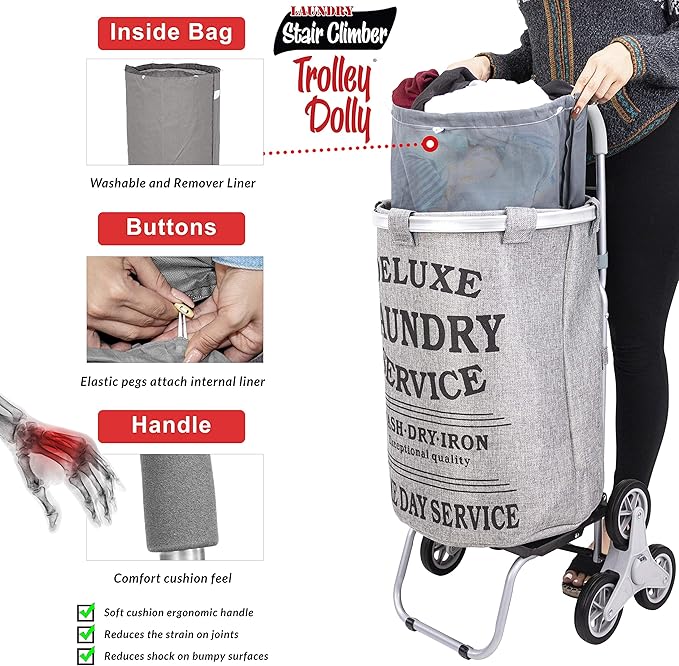 dbest products Stair Climber Laundry Trolley Dolly, Grey Laundry Bag Hamper Basket cart with wheels sorter