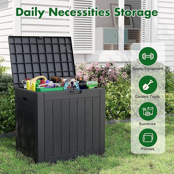 Outdoor Storage Box, Resin Deck Boxes Indoor and outdoor, Waterproof Storage Box Lockable Lid (Black,32 Gallon)