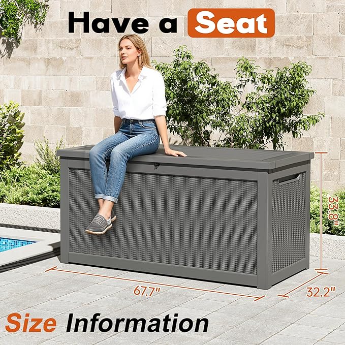 Outdoor Storage Box, Resin Deck Boxes Indoor and outdoor, Waterproof Storage Box Lockable Lid Grey,320 Gallon