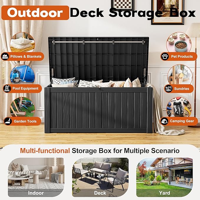 Outdoor Storage Box, Resin Deck Boxes Indoor and outdoor, Waterproof Storage Box Lockable Lid (Black,150 Gallon)