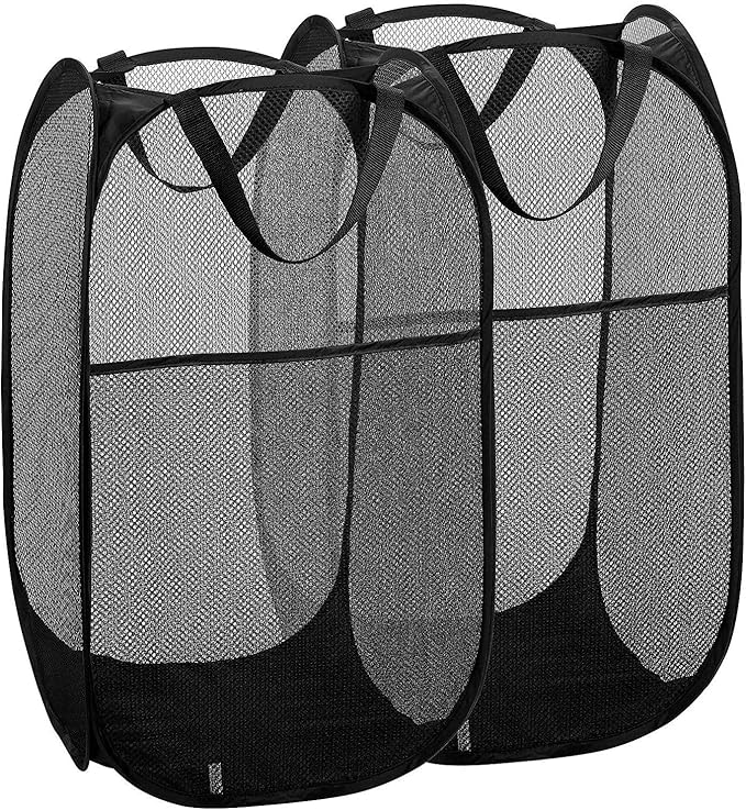 2 Packs Mesh Pop up Laundry Hamper (Black) with Portable Handles, Collapsible for Storage, Foldable Pop-Up Laundry Bags for Home, College Dorm or Travel