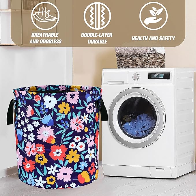 Folk Floral Art Laundry Basket Beautiful Flowers Foldable Oxford Cloth Funny Tote Bag Laundry Hamper Clothes Storage Bucket Organizer For Bathroom/Laundry Storage/Bedroom 17.7x13.7 Inch