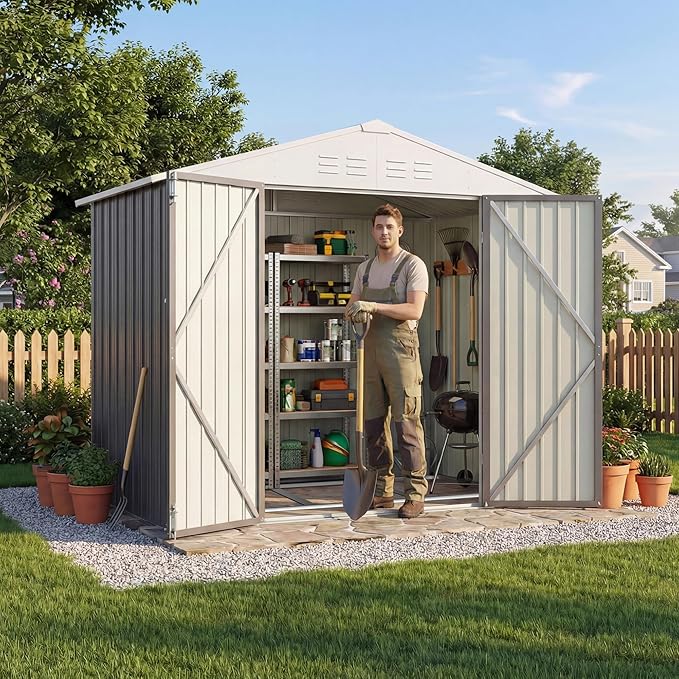 Devoko 6 x 4 FT Metal Storage Shed with Floor Frame Waterproof Garden Tool Shed with Lockable Door, Outdoor Shed Storage House for Backyard Patio Lawn, Grey