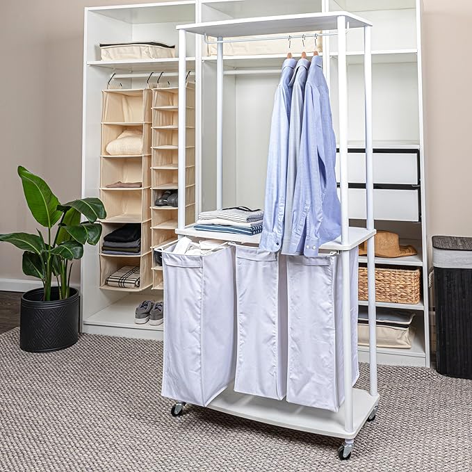 Household Essentials 3-Bag Laundry Center, Smooth Laminate Shelving, Sturdy Steel Frame, White