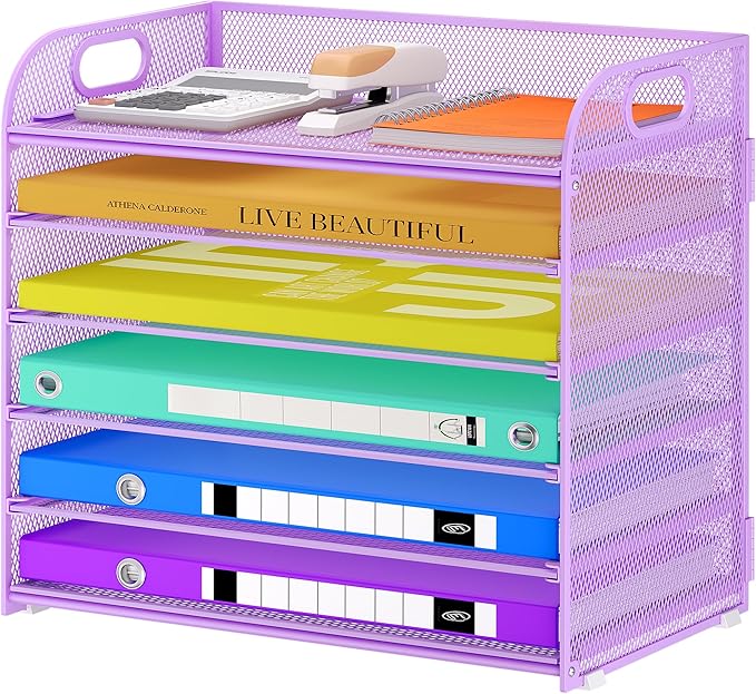 6 Tier Paper Organizer, Purple Letter Tray with Handle, Mesh Desk Organizer, Metal File Organizer, Office Desk Accessories for Home, Office, Classroom, School