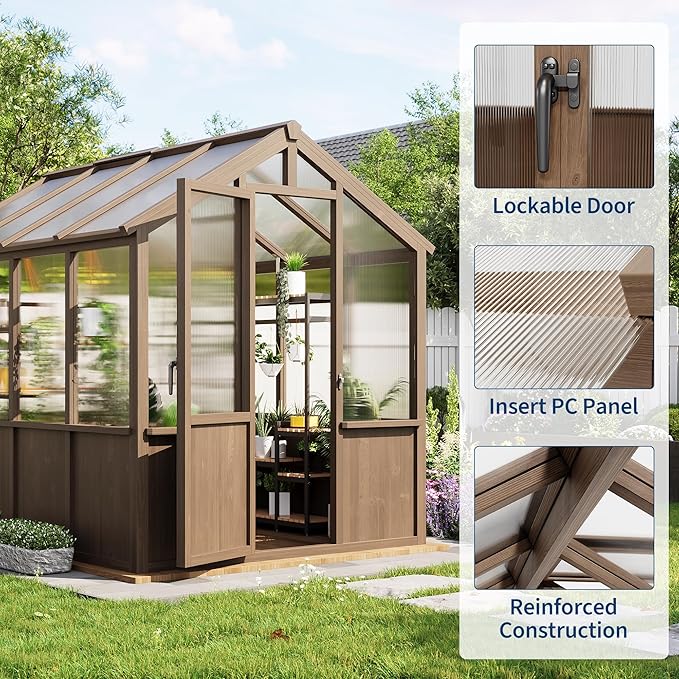 Heavy Duty Spruce Frame Wooden Greenhouse – Walk-in Outdoor Garden Outdoor Storage with Polycarbonate Panels, Adjustable Roof Vents, Lockable Door, Large Storage, Ideal for Patio, Lawn, 6x8 FT
