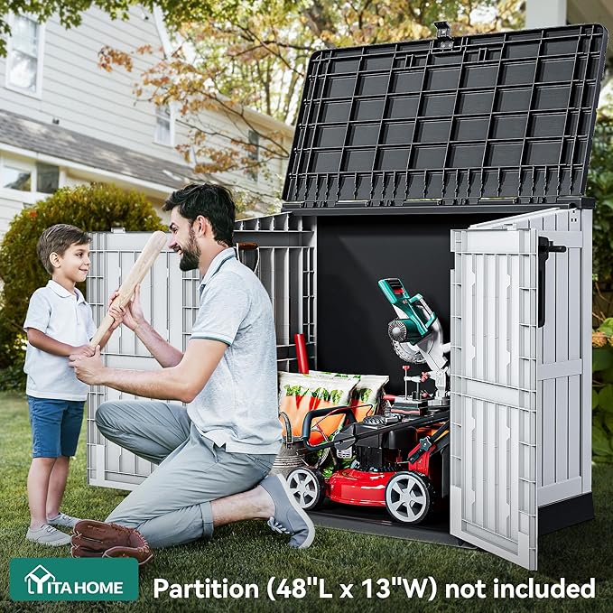 YITAHOME 36 cu ft Resin Outdoor Storage Shed, Weather-Resistant Horizontal Tool Shed, Waterproof Outdoor Storage with Lockable Doors & Air Vent for Trash Cans, Garden Tools (Light Gray)