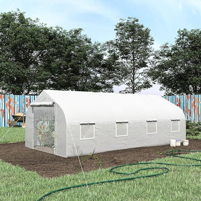 20' X 10' 7' Gardening Hot House, Steel Frame, Zippered Mesh Door, Enhance Plant Care, White Large Walk-in Tunnel Greenhouse, 20'x10'x7', Galvanized 8 Windows,