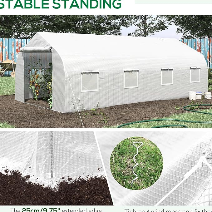20' X 10' 7' Gardening Hot House, Steel Frame, Zippered Mesh Door, Enhance Plant Care, White Large Walk-in Tunnel Greenhouse, 20'x10'x7', Galvanized 8 Windows,