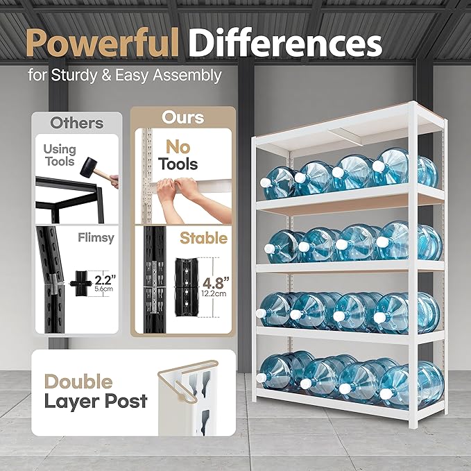 HOMEDANT House 48.1" W Deep 5 Tier Heavy Duty Garage Shelving Adjustable Metal Rack Storage Shelves Standing Shelf Unit Organizers Industrial Warehouse Basement White 2Pack