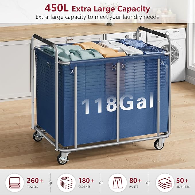 Tajsoon Large Laundry Cart with Wheels, 450L Heavy Duty Laundry Basket with Handle, Rolling Laundry Hamper for Clothes Storage, Clothes Sorter for Laundry, Hotel, Bathroom, Bedroom, Blue