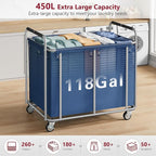 Tajsoon Large Laundry Cart with Wheels, 450L Heavy Duty Laundry Basket with Handle, Rolling Laundry Hamper for Clothes Storage, Clothes Sorter for Laundry, Hotel, Bathroom, Bedroom, Blue