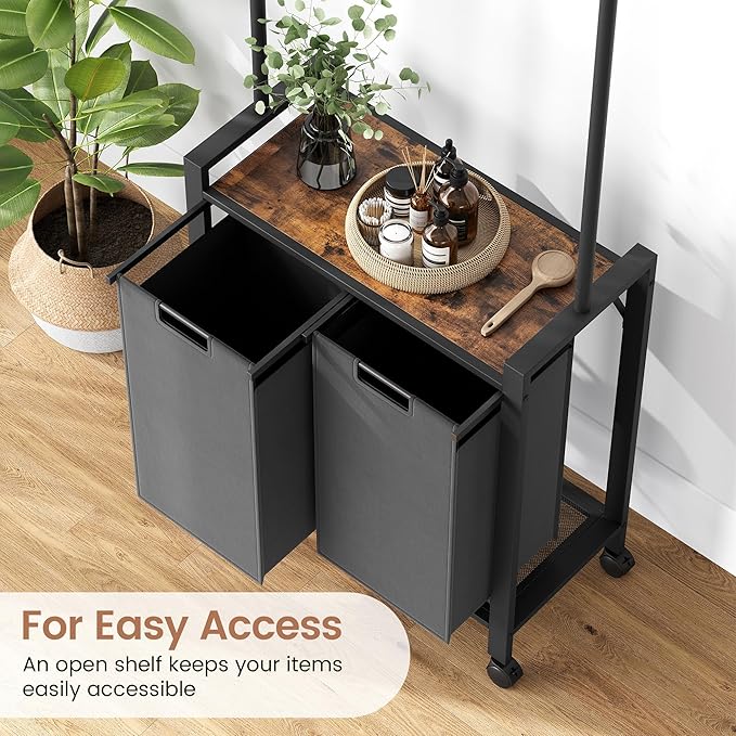 Laundry Basket With Wheels, Wood Shelf, Laundry Sorter With Retractable Hanging Bar, Laundry Hamper 2 Section, 2 × 13 Gal (49.2 L), Rolling Laundry Hamper With Hanging Rack For Laundry Room