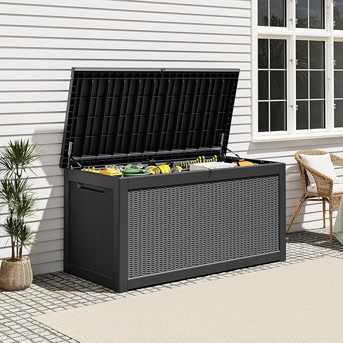Outdoor Storage Box, Resin Deck Boxes Indoor and outdoor, Waterproof Storage Box Lockable Lid (Black,320 Gallon)