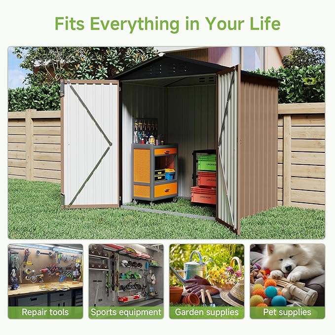 Real Relax 6x4 FT Metal Storage Shed, Outdoor Shed with Reinforced Frame & Heavy Wind/Snow Resistance, Secure Lock, for Backyard/Garden, Stores Tools & Materials, Brown