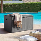 Flamaker Deck Box with Cushion 98 Gallon Waterproof Resin Storage Box with Air Rod Indoor Outdoor Lockable Storage Bench for Patio Furniture, Tools, Pool Accessories (Gray)