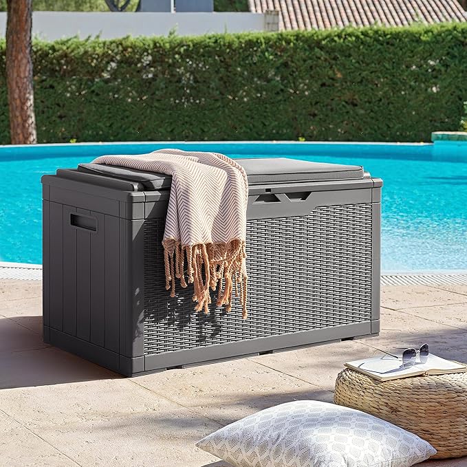 Flamaker Deck Box with Cushion 98 Gallon Waterproof Resin Storage Box with Air Rod Indoor Outdoor Lockable Storage Bench for Patio Furniture, Tools, Pool Accessories (Gray)