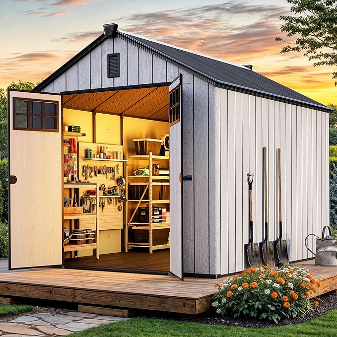 YITAHOME Large Outdoor Storage Shed 8x10 Ft, Extra Thick Plastic Storage Sheds with Floor, Lockable Doors, Vision Grid Windows, Vents, 16mm Heavy Duty Garden Storage for Bikes Mowers and Tools, Gray