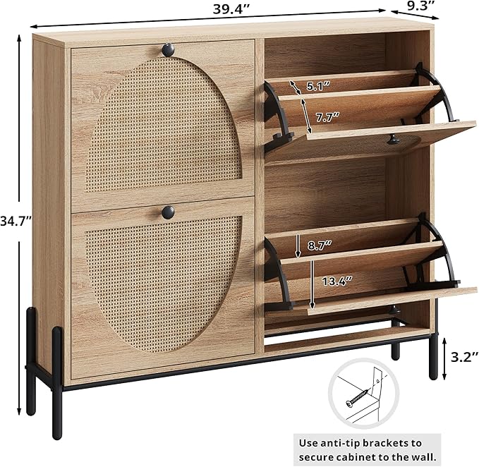 IRONCK Rattan Shoe Cabinet Storage with 4 Flip Drawers, Freestanding Shoe Storage Organizer Cabinet for Entryway, Narrow Shoe Rack Cabinet, Oak