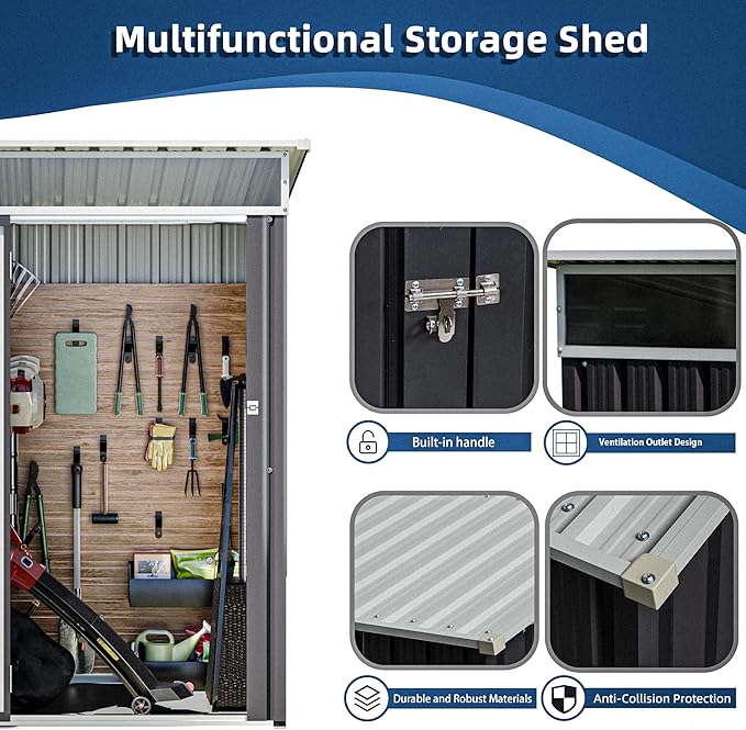 JY QAQA 5x3 FT Outdoor Garden Storage Shed, Waterproof Metal Garden Sheds with Window and Lockable Double Door, Weather Resistant Steel Tool Storage House Shed for Patio, Lawn Dark Gray