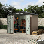 6x8 ft Metal Storage Shed, Outdoor Garden Tool Shed with Lockable Doors & Sloped Roof, Rustproof Galvanized Steel Shed for Backyard, Patio, Lawn Brown