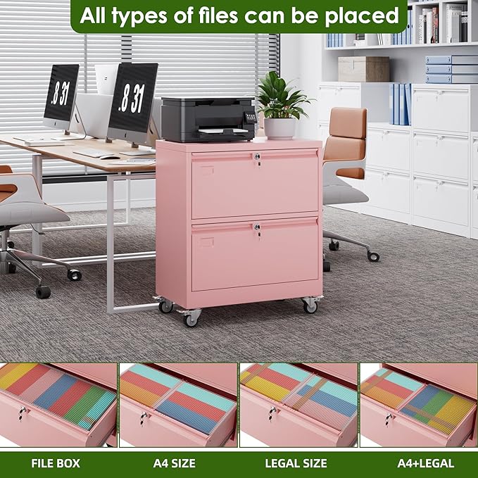 Aobabo Lateral File Cabinet 2 Drawer with Wheels, Lockable Metal Filing Cabinet for Home Office, Legal/Letter Size,Pink,Required Assembled,15.87" D x 28.94" W x 34" H