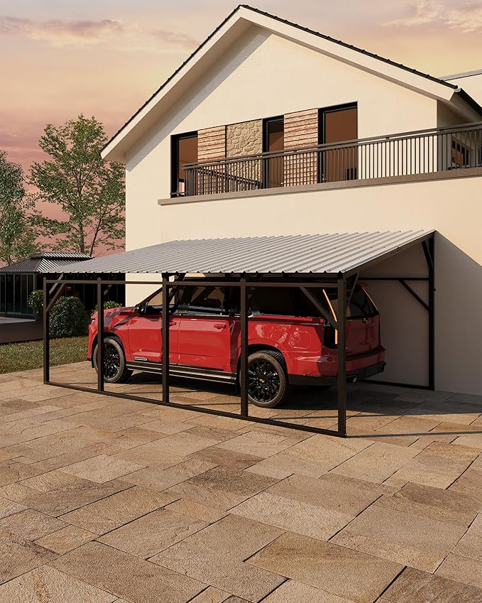 Garvee 12x20 ft Lean-to Metal Carport, Vertical Roof Wall-Mounted Car Port with 11.5° Slope, Heavy-Duty 19-Ga. Steel Frame, 107" to 78" Height Clearance for SUV & Pickup