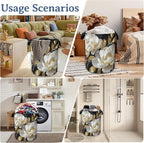 White Flowers Laundry Hamper With Handle,Foldable Oxford Cloth Glitter Blooming Laundry Basket,20.8"x16" Clothes Storage Basket for Laundry Room/Bedroom/Bathroom
