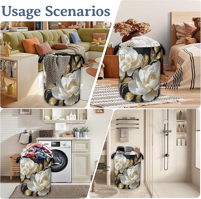 White Flowers Laundry Hamper With Handle,Foldable Oxford Cloth Glitter Blooming Laundry Basket,20.8"x16" Clothes Storage Basket for Laundry Room/Bedroom/Bathroom