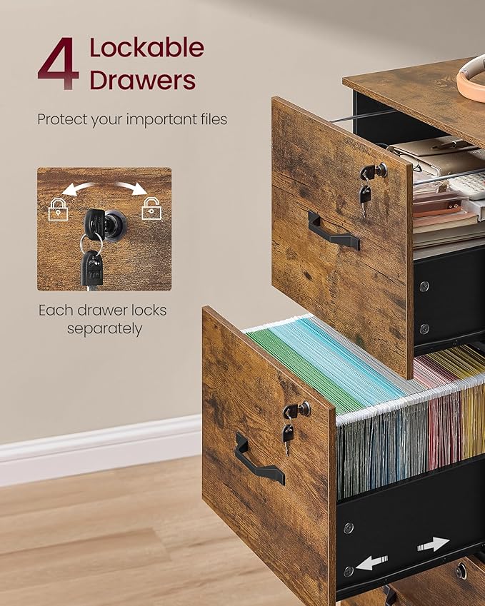 VASAGLE 4-Drawer Vertical File Cabinet, Filing Cabinet for Home Office, Printer Stand, with 4 Lockable Drawers, Adjustable Hanging Rail, for A4 and Letter-Size Files, Rustic Brown UOFC082K01