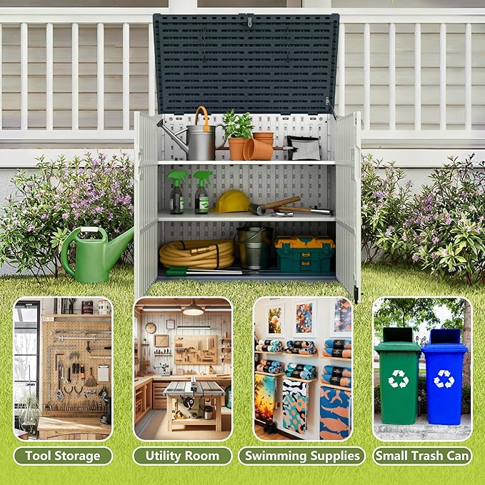 Greesum Outdoor Storage Shed 34 Cu Ft with Lockable Doors, Waterproof Outdoor Storage Cabinet for Trash Cans, Patio Cushions, Gardening Tools with Wood Grain Finish (Beige)
