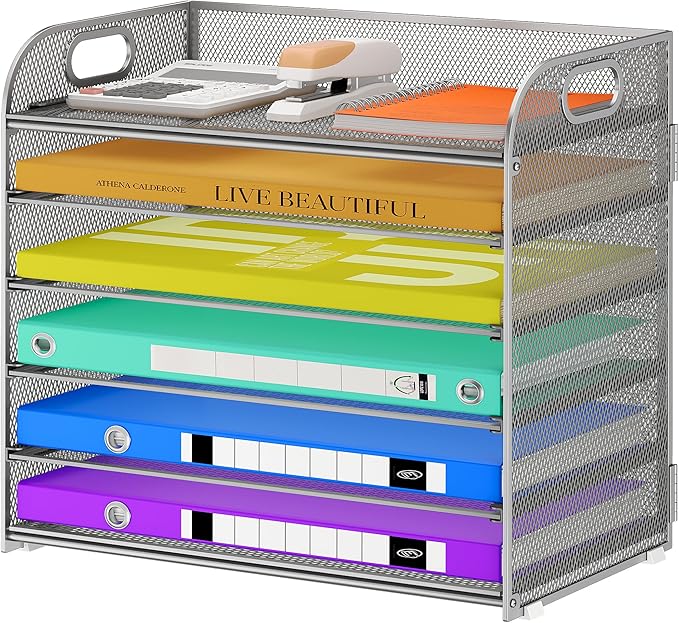 6 Tier Paper Organizer, Silver Letter Tray with Handle, Mesh Desk Organizer, Metal File Organizer, Office Desk Accessories for Home, Office, Classroom, School