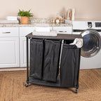 Household Essentials 3-Bag Laundry Sorter, Smooth Laminate Shelving, Sturdy Steel Frame, Wheeling and Stationary Feet Options, Washable Linen Laundry Bags, 3-Load Capacity, Versatile, Black
