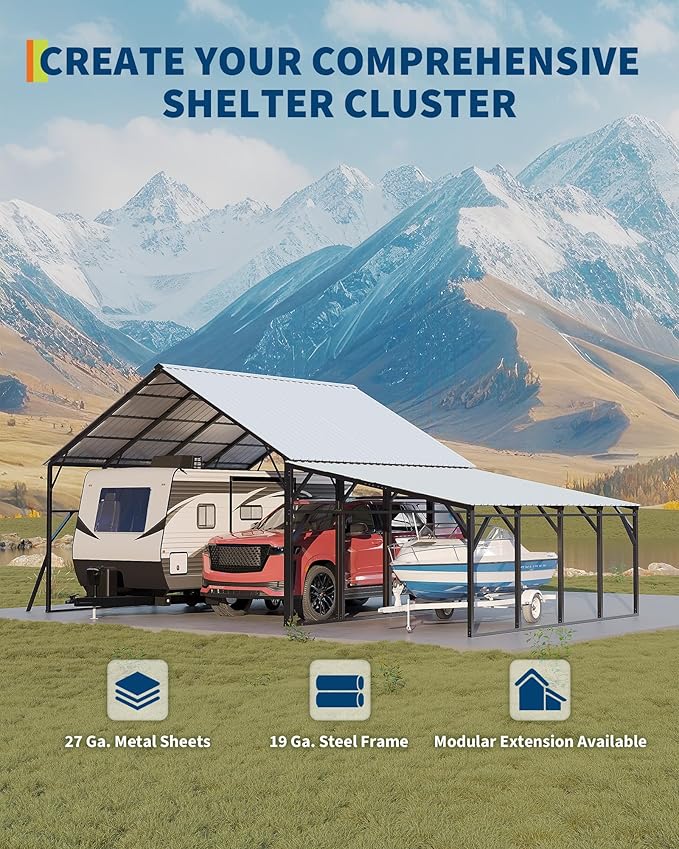 Garvee 12x20 ft Lean-to Metal Carport, Vertical Roof Wall-Mounted Car Port with 11.5° Slope, Heavy-Duty 19-Ga. Steel Frame, 107" to 78" Height Clearance for SUV & Pickup
