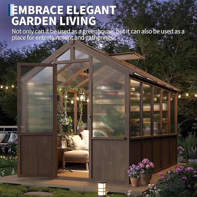 Heavy Duty Spruce Frame Wooden Greenhouse – Walk-in Outdoor Garden Outdoor Storage with Polycarbonate Panels, Adjustable Roof Vents, Lockable Door, Spacious Storage, Ideal for Patio, Lawn,