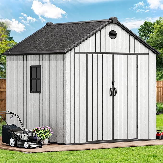 YITAHOME 8X8FT Large Storage Shed with Vision Window, Weatherproof Extra Thick Tool Storage, 16mm Heavy Duty Outdoor Storage Sheds with Floor, Lockable Door & Vents for Patio, Lawn Mower, Bike, Gray