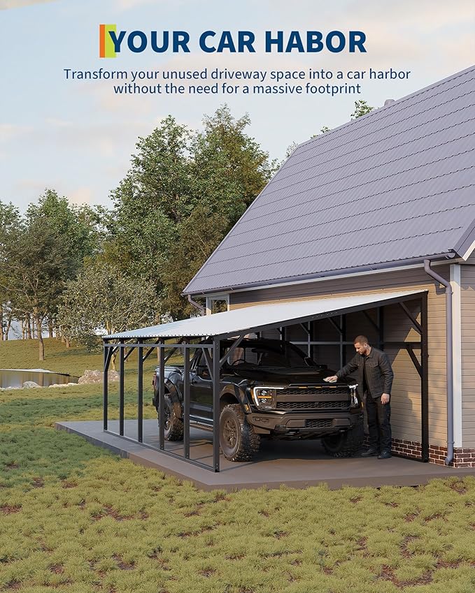 Garvee 12x25 ft Lean-to Metal Carport, Vertical Roof Wall-Mounted Car Port for Snow Shedding, Heavy-Duty 19-Ga. Steel Frame, 107" to 78" Height for Long-Bed Pickup & SUV