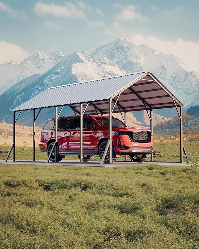 Garvee 13x21 ft Metal Carport Kit, 120° Steep-Pitch Vertical Roof for Snow Shedding, 133" High-Clearance Full-Sized Pickup & Van Shelter, Heavy-Duty Metal Car Port with Reinforced Frame