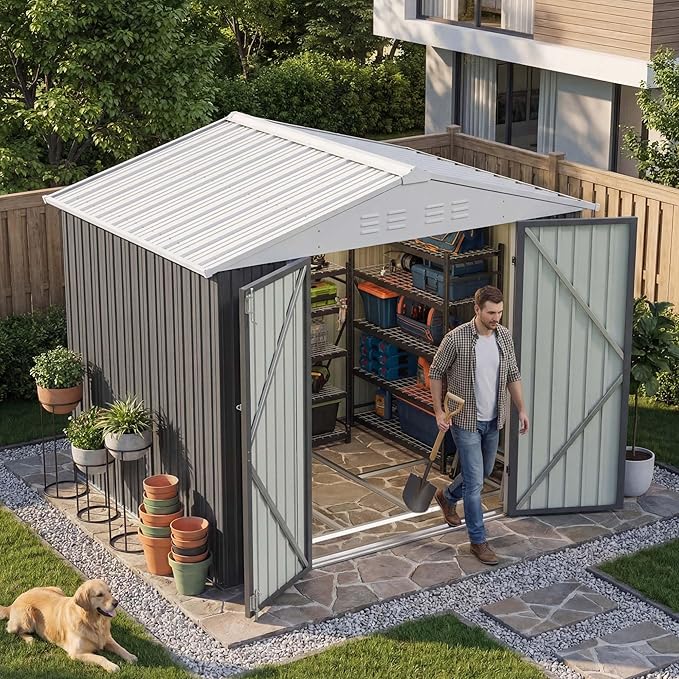 Devoko 8 x 6 FT Metal Storage Shed with Floor Frame Waterproof Garden Tool Shed with Lockable Door, Outdoor Shed Storage House for Backyard Patio Lawn, Grey