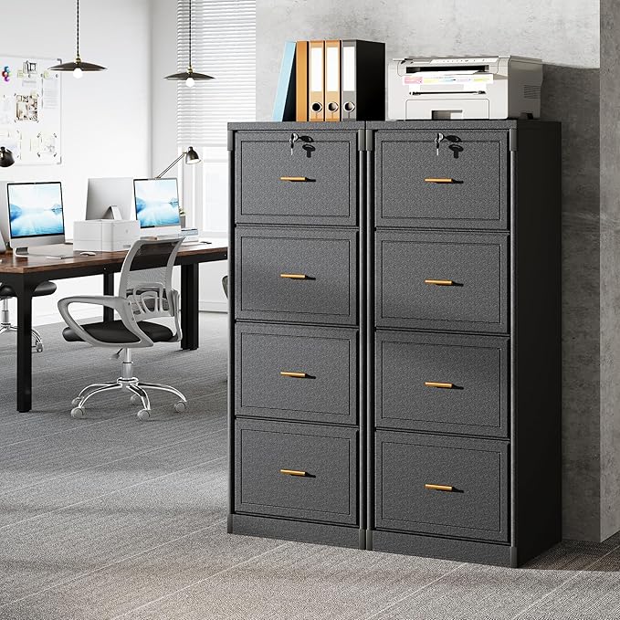 Tribesigns 4-Drawer File Cabinet with Lock, Locked File Cabinet with Key, Tall Wooden Filing Cabinets for Home Office, Vertical Office Storage for Legal Size/Letter/A4/Files, Black (2 Pieces)