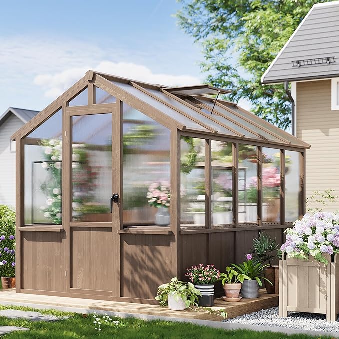 Heavy Duty Spruce Frame Wooden Greenhouse – Walk-in Outdoor Garden Outdoor Storage with Polycarbonate Panels, Adjustable Roof Vents, Lockable Door, Spacious Storage, Ideal for Patio, Lawn,