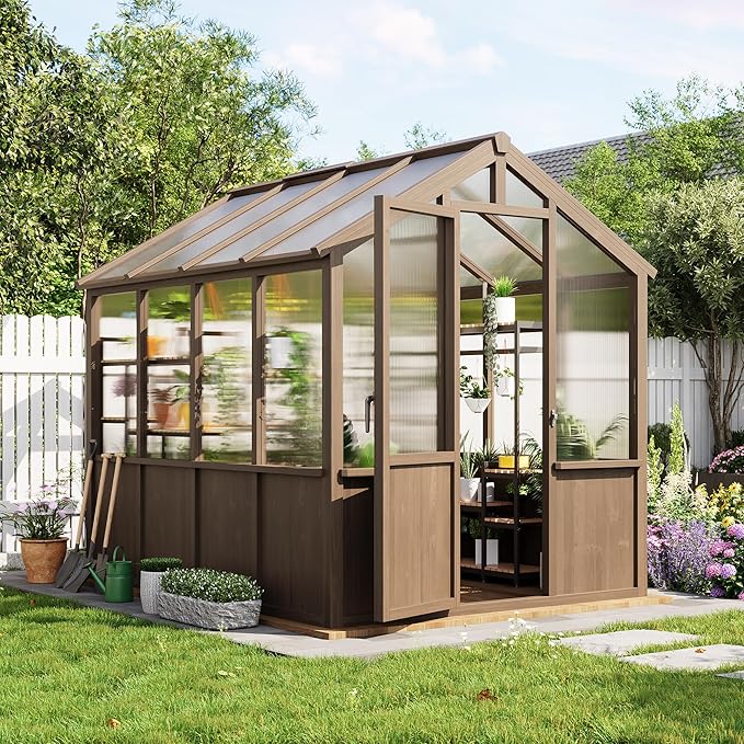 Heavy Duty Spruce Frame Wooden Greenhouse – Walk-in Outdoor Garden Outdoor Storage with Polycarbonate Panels, Adjustable Roof Vents, Lockable Door, Large Storage, Ideal for Patio, Lawn, 6x8 FT