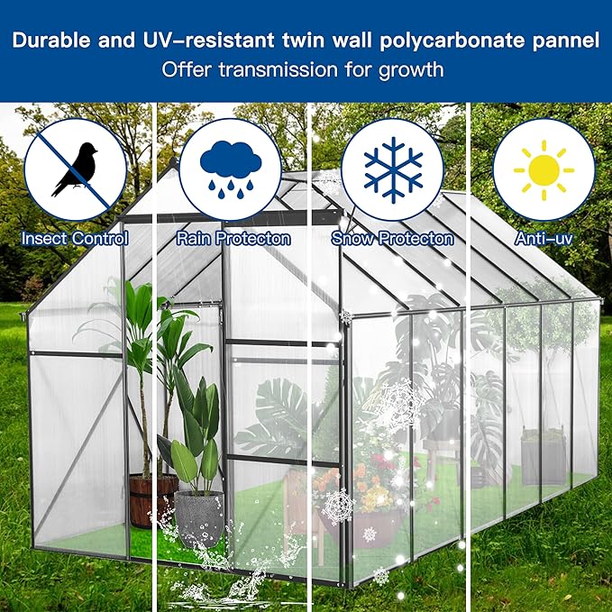 6X12FT Greenhouse for Outdoor, Polycarbonate Greenhouse with Raised Base and Anchor, Heavy-Duty Walk-in Green House with Adjustable Roof Vent and Gutter System for Patio,Backyard (Black, 6x12 FT)