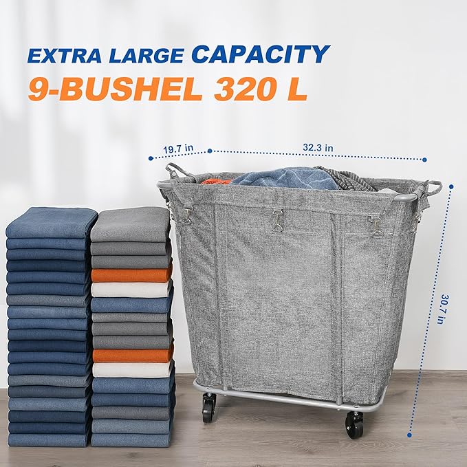 PLKOW Laundry Cart with Wheels 320L Large Rolling Laundry Cart for Commercial/Home, Rolling Laundry Basket with Steel Frame and Waterproof Lining, 9 Bushel, 32.3L x 19.7W x 30.7H Inch, Grey