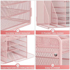 Lavatino 5-Tier Desk Organizer with 2 File Holders, Metal Adjustable Paper Letter Tray for Office or Home Desk Organizers and Accessories | 7 Flexible Dividers Keep Workspace Supplies Neat, Pink