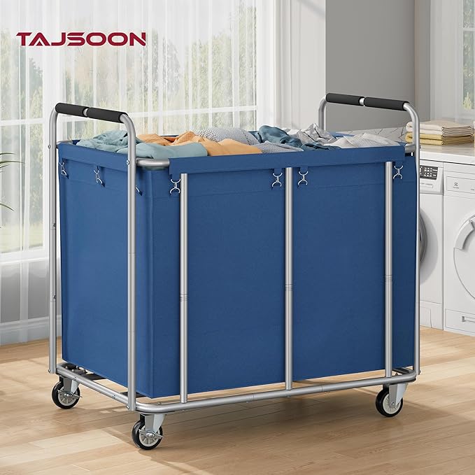 Tajsoon Large Laundry Cart with Wheels, 450L Heavy Duty Laundry Basket with Handle, Rolling Laundry Hamper for Clothes Storage, Clothes Sorter for Laundry, Hotel, Bathroom, Bedroom, Blue