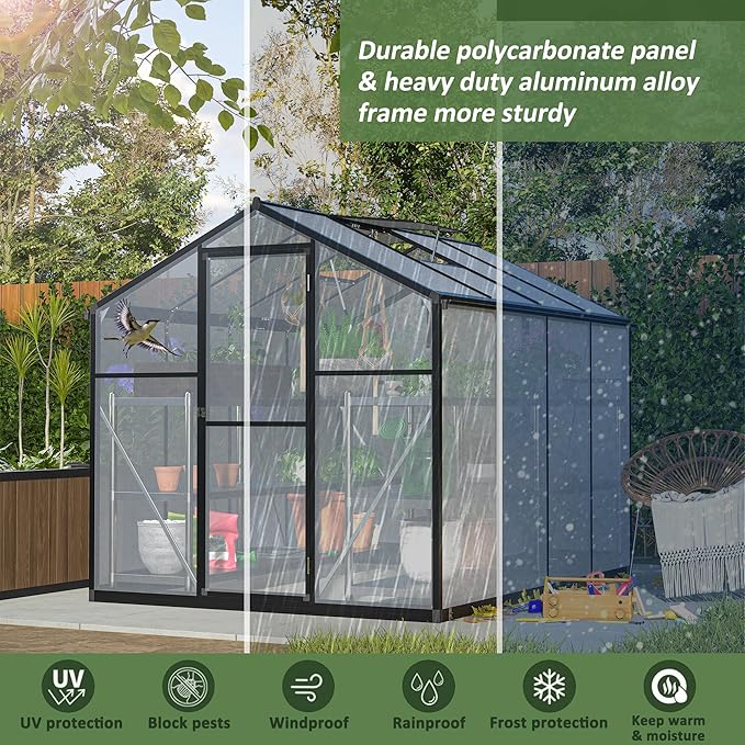 Large Walk-in Clear Polycarbonate Greenhouse with Rain Gutters & Adjustable Roof Vent - Sturdy Aluminum Frame Outdoor Plant House for Vegetable, Flower & Garden Growth-Outbuilding (6x8 ft)
