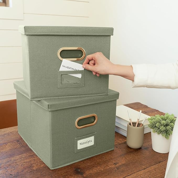 ZICOTO Decorative File Organizer Box Set of 2 - Collapsible Linen Filing Cabinets w/Handles Are Perfect to Store all Your Documents & Hanging File Folders - Portable Easy Slide Crates with Lid