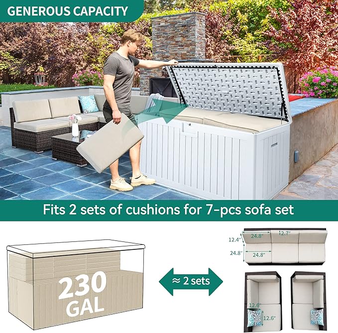 YITAHOME 230 Gallon Large Deck Box with Divider & Side Handles, Outdoor Double-Wall Storage for Patio Furniture Cushions, Garden Pool Accessories, Water Resistant & Lockable